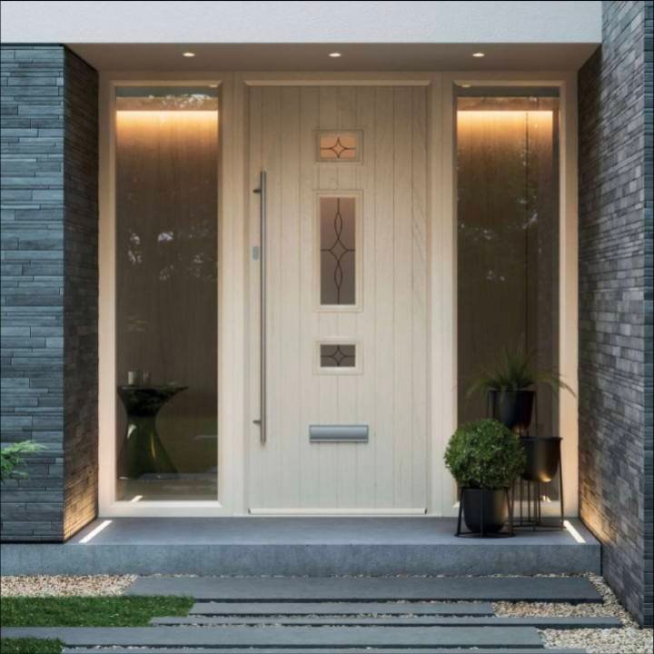 A modern and stylish front door and side windows
